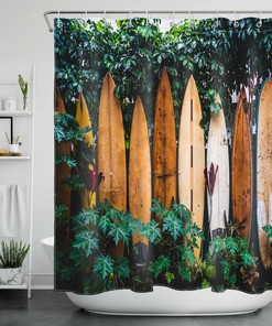 Hit the Waves with this Surfboard and Tropical Green Leaves Shower Curtain for Beachy Bathrooms