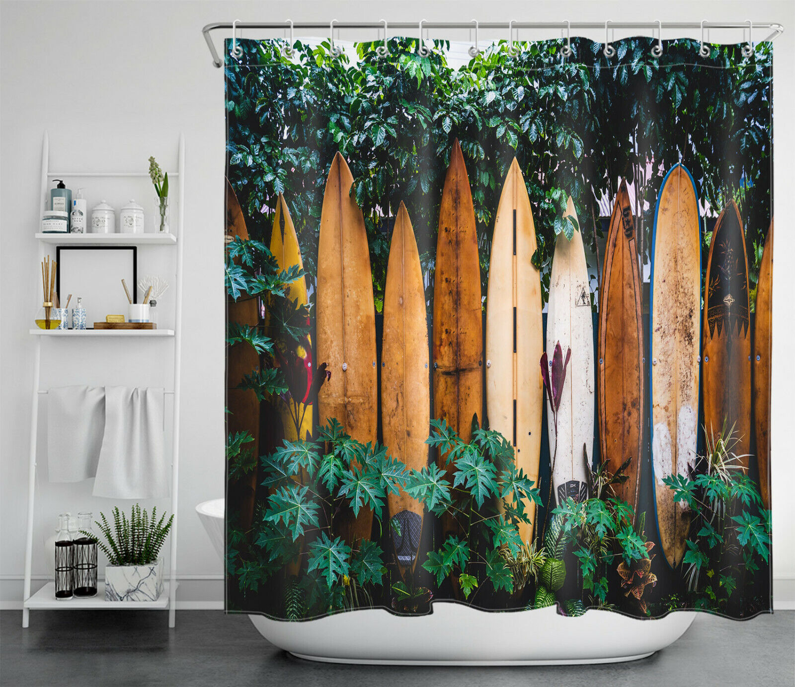 Hit the Waves with this Surfboard and Tropical Green Leaves Shower Curtain for Beachy Bathrooms