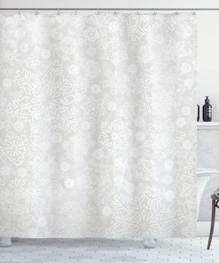 Holiday Celebration Winter Shower Curtain, Ornate Flakes Frost Blizzard Pattern Cloth Fabric, Grey White Decor