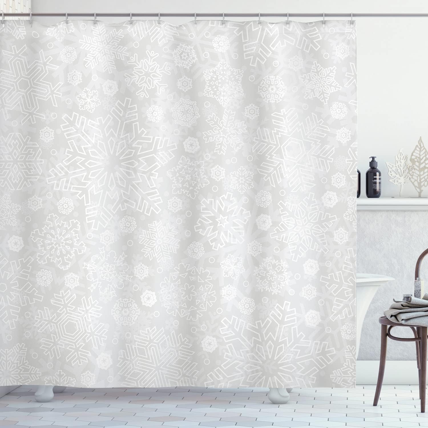 Holiday Celebration Winter Shower Curtain, Ornate Flakes Frost Blizzard Pattern Cloth Fabric, Grey White Decor