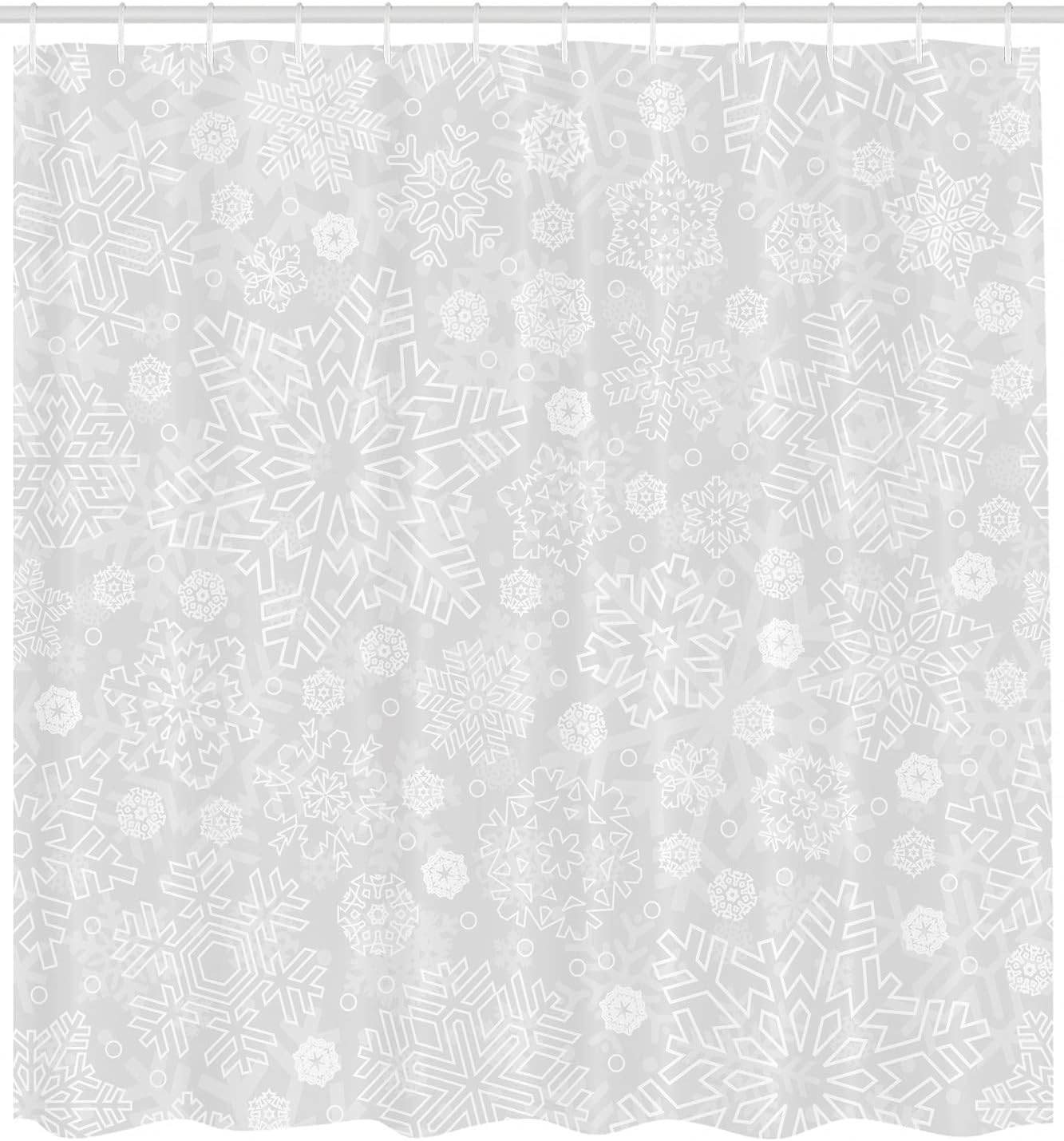 Holiday Celebration Winter Shower Curtain, Ornate Flakes Frost Blizzard Pattern Cloth Fabric, Grey White Decor - Image 2