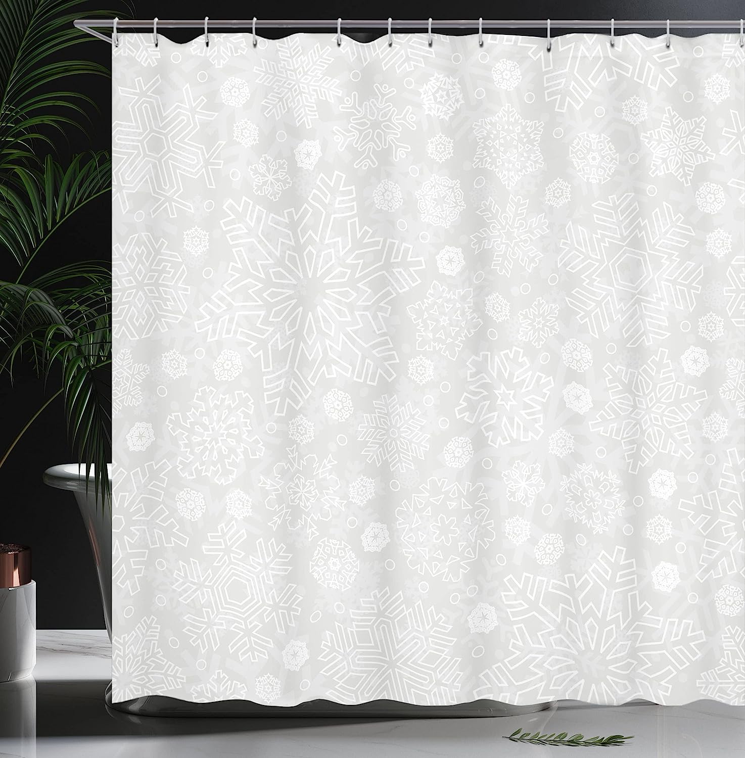 Holiday Celebration Winter Shower Curtain, Ornate Flakes Frost Blizzard Pattern Cloth Fabric, Grey White Decor - Image 3