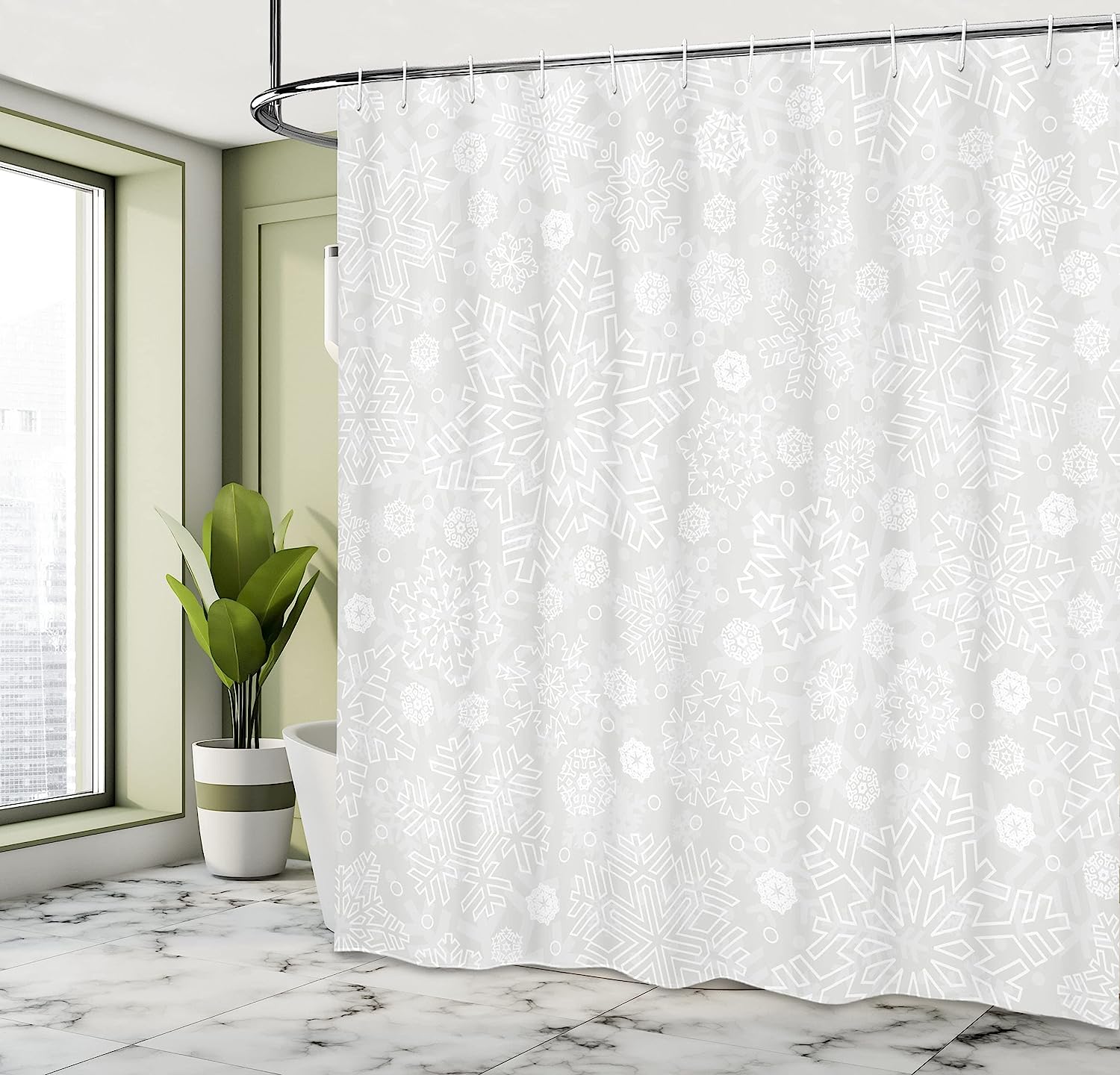 Holiday Celebration Winter Shower Curtain, Ornate Flakes Frost Blizzard Pattern Cloth Fabric, Grey White Decor - Image 4