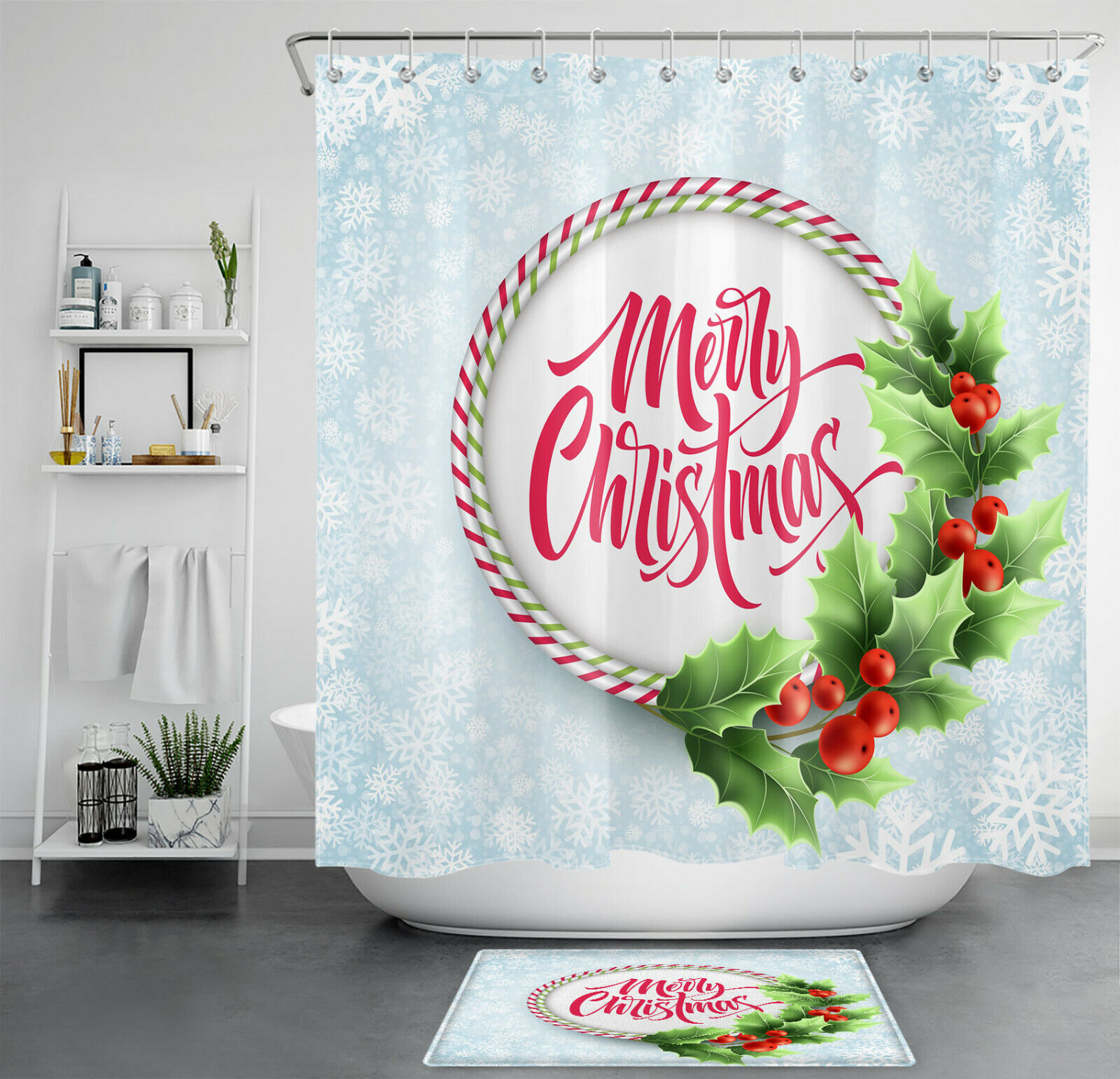 Holly And Red Fruit Christmas Shower Curtain - Winter Wonderland Bathroom Decor