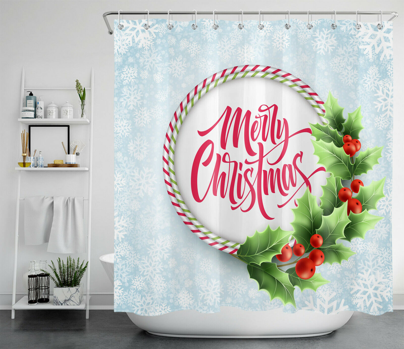 Holly And Red Fruit Christmas Shower Curtain - Winter Wonderland Bathroom Decor - Image 2
