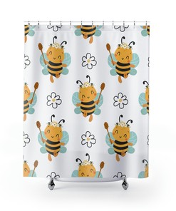Honey Bee Floral Shower Curtain For Bathroom, Custom Decor, Waterproof Fabric