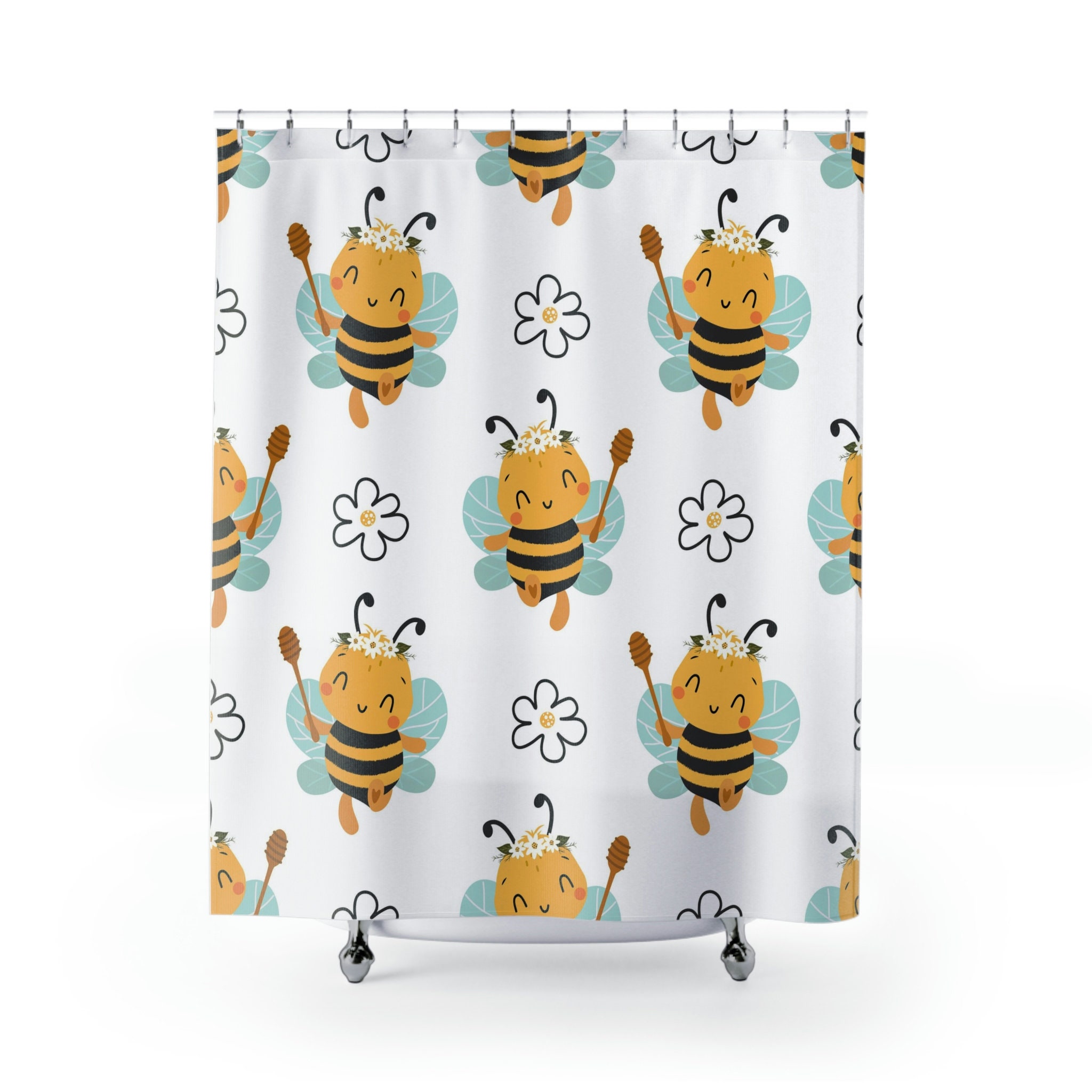 Honey Bee Floral Shower Curtain For Bathroom, Custom Decor, Waterproof Fabric