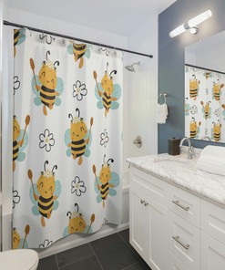 Honey Bee Floral Shower Curtain For Bathroom, Custom Decor, Waterproof Fabric
