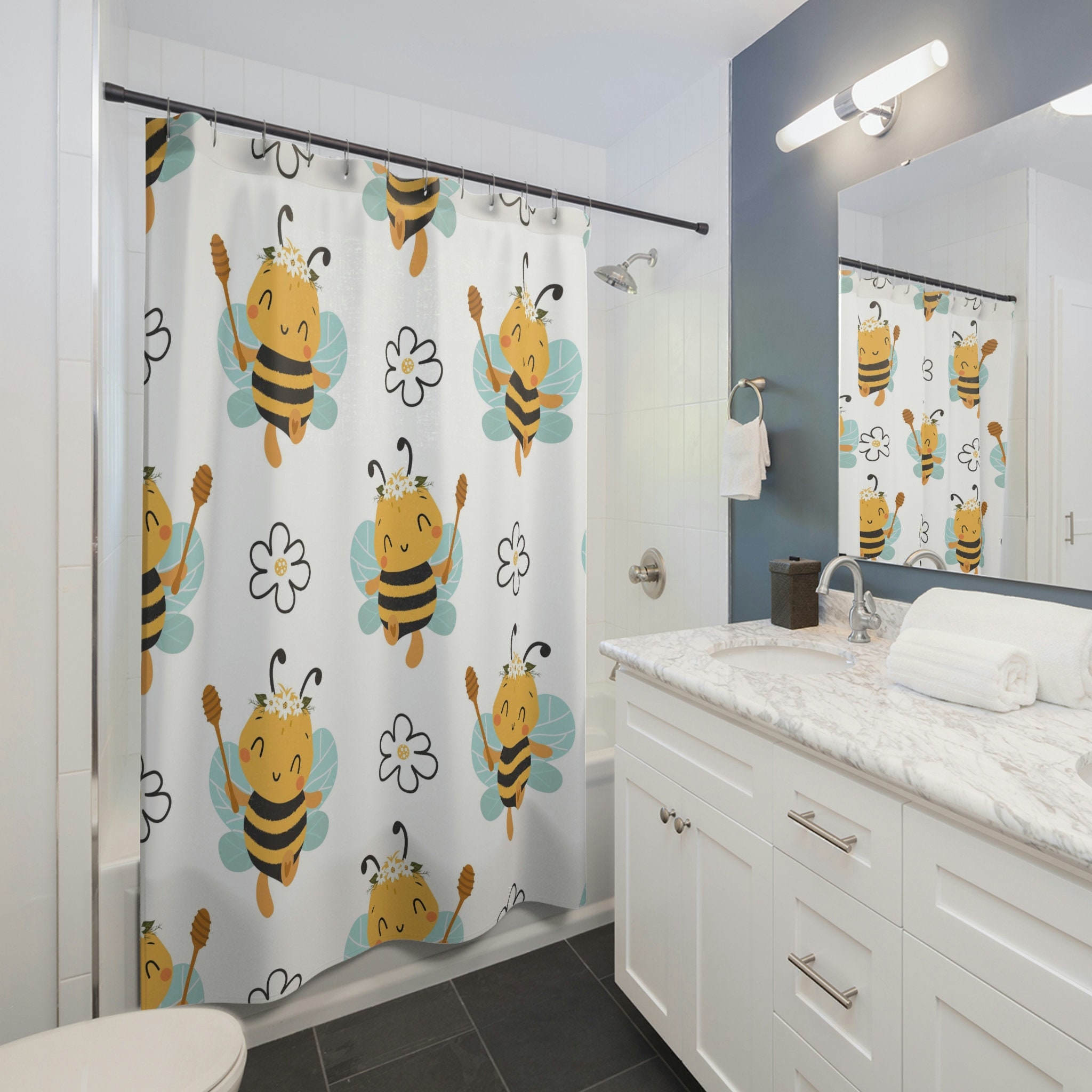 Honey Bee Floral Shower Curtain For Bathroom, Custom Decor, Waterproof Fabric