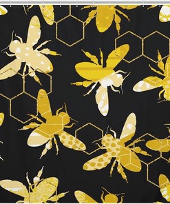 Honey Bee Shower Curtain With Print Design, Fabric Curtain For Bathroom