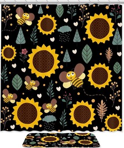Honey Bee Sunflowers Colorful Shower Curtain With Funny Design, Waterproof Fabric For Bathroom