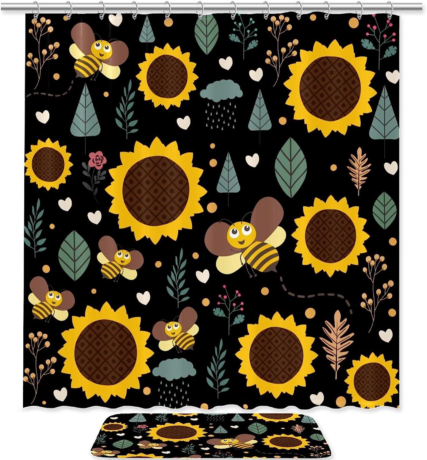 Honey Bee Sunflowers Colorful Shower Curtain With Funny Design, Waterproof Fabric For Bathroom