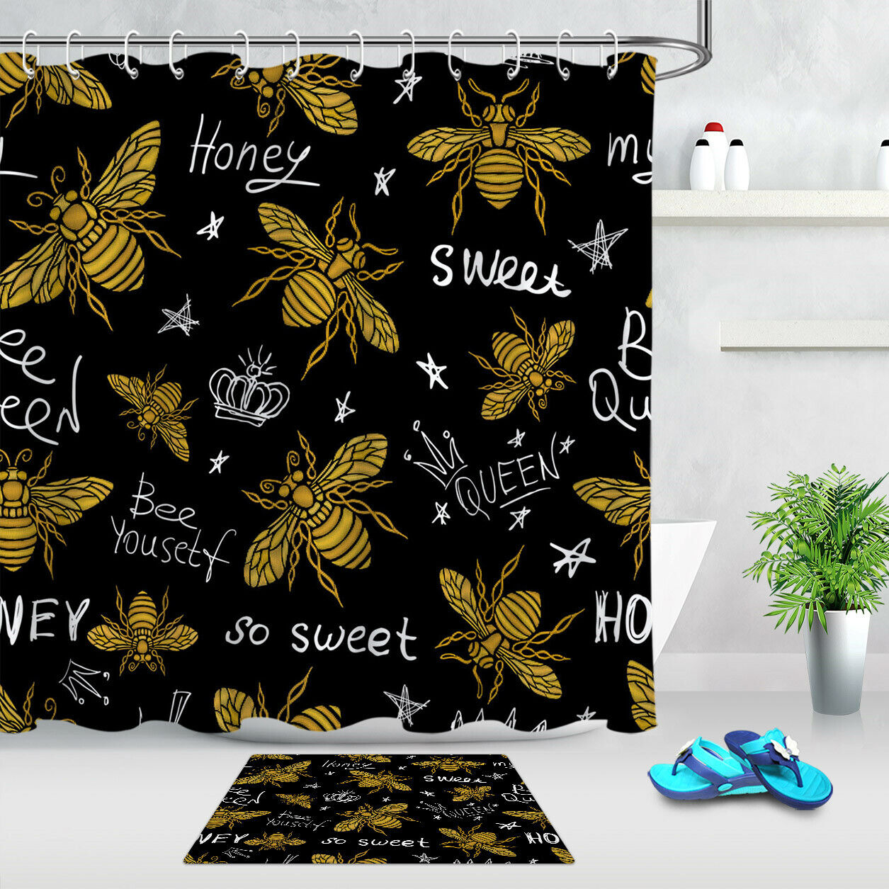 Honey Bees Pattern Shower Curtain In Black, Bring Some Nature And Charm To Your Bathroom