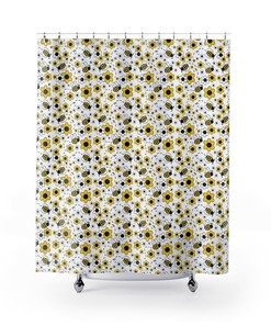 Honey Bumble Bee Shower Curtain with Yellow Floral Design for a Sweet and Charming Bathroom  