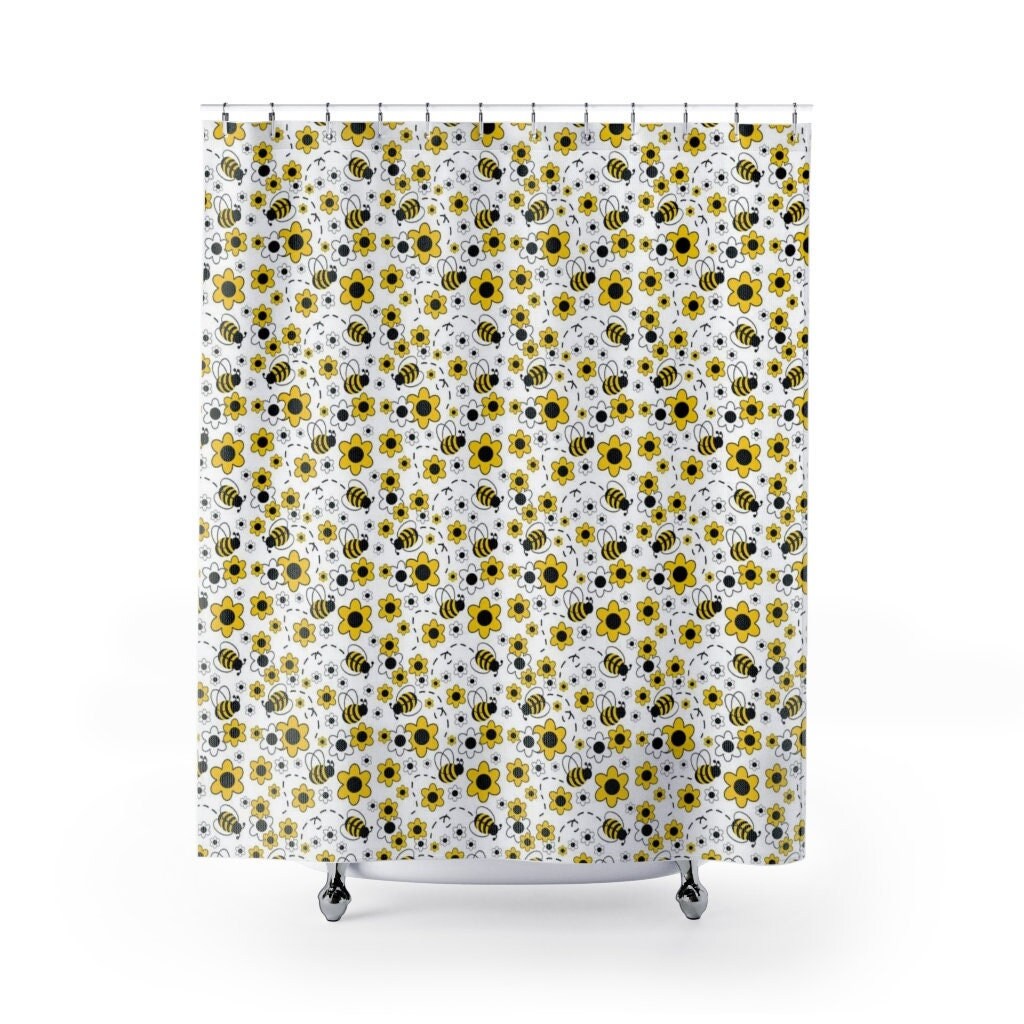 Honey Bumble Bee Shower Curtain with Yellow Floral Design for a Sweet and Charming Bathroom