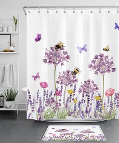 Honeybee Butterfly Plant Floral Lavender Shower Curtain, Bathroom Accessories Set, Waterproof Fabric