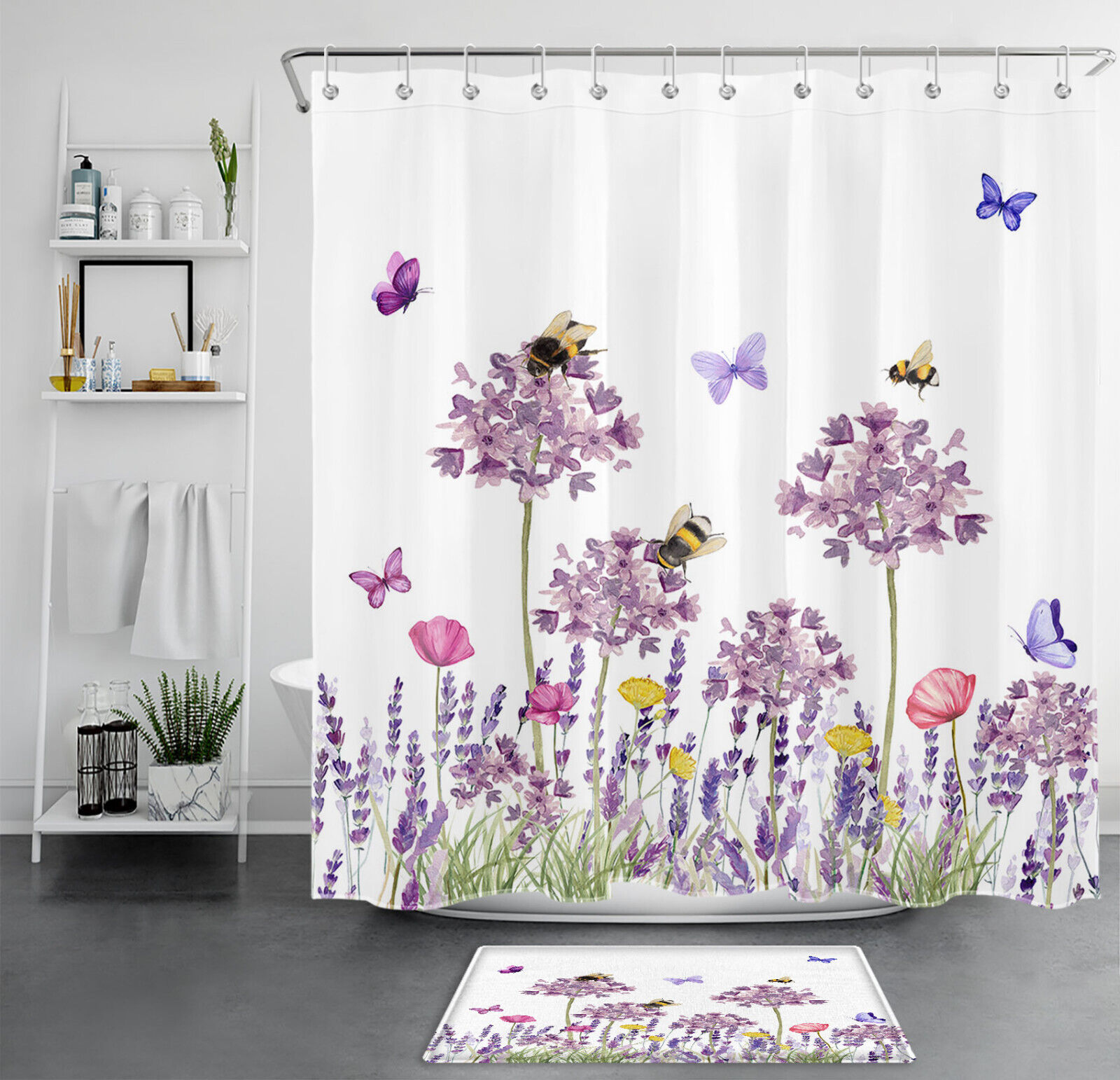 Honeybee Butterfly Plant Floral Lavender Shower Curtain, Bathroom Accessories Set, Waterproof Fabric