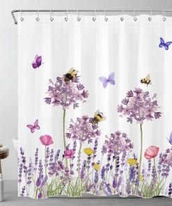 Honeybee Butterfly Plant Floral Lavender Shower Curtain, Bathroom Accessories Set, Waterproof Fabric