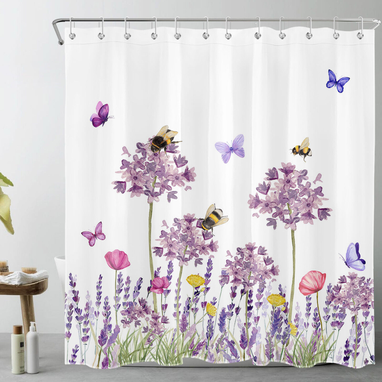 Honeybee Butterfly Plant Floral Lavender Shower Curtain, Bathroom Accessories Set, Waterproof Fabric