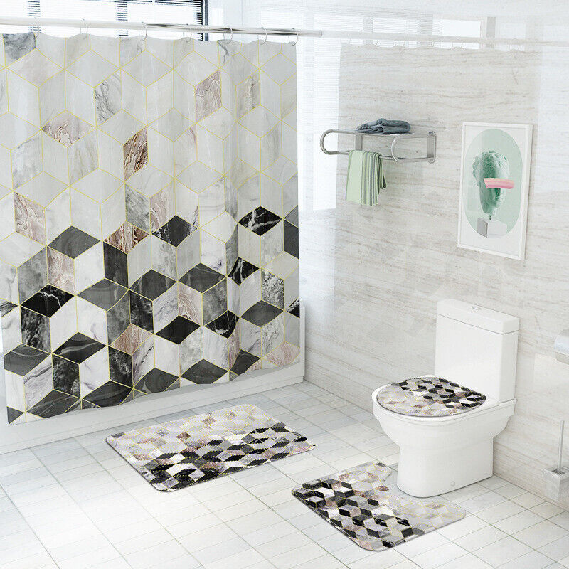 Honeycomb Printed Marble Shower Curtain, Geometric and Modern Design for Bathroom
