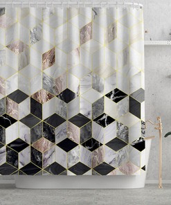 Honeycomb Printed Marble Shower Curtain, Geometric and Modern Design for Bathroom
