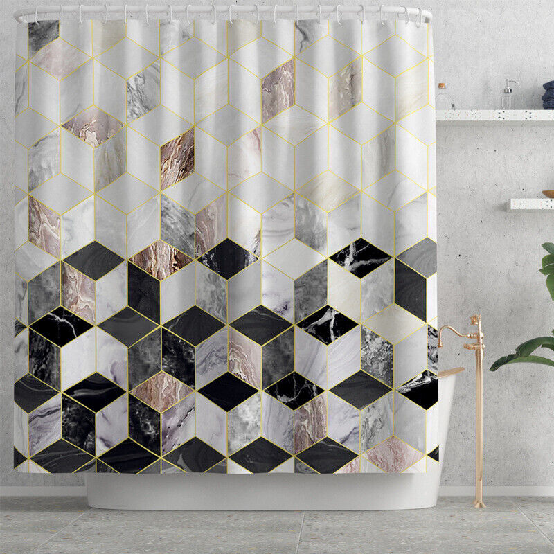 Honeycomb Printed Marble Shower Curtain, Geometric and Modern Design for Bathroom