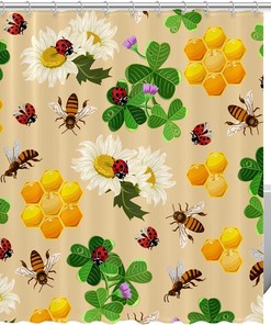 Honeycomb and Ladybugs Shower Curtain with Flowers Pattern, 72x72 - Unique Bathroom Decor