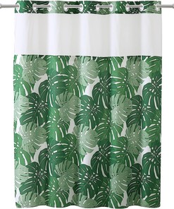 Hookless Palm Leaf Shower Curtain With Peva Liner In Green, Waterproof Fabric For Bathroom Decorr