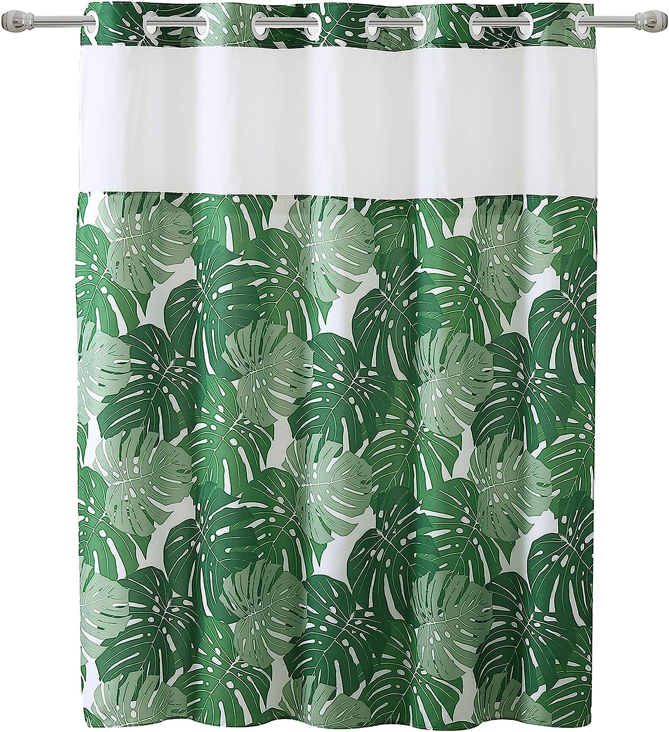 Hookless Palm Leaf Shower Curtain With Peva Liner In Green, Waterproof Fabric For Bathroom Decorr