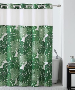 Hookless Palm Leaf Shower Curtain With Peva Liner In Green, Waterproof Fabric For Bathroom Decorr
