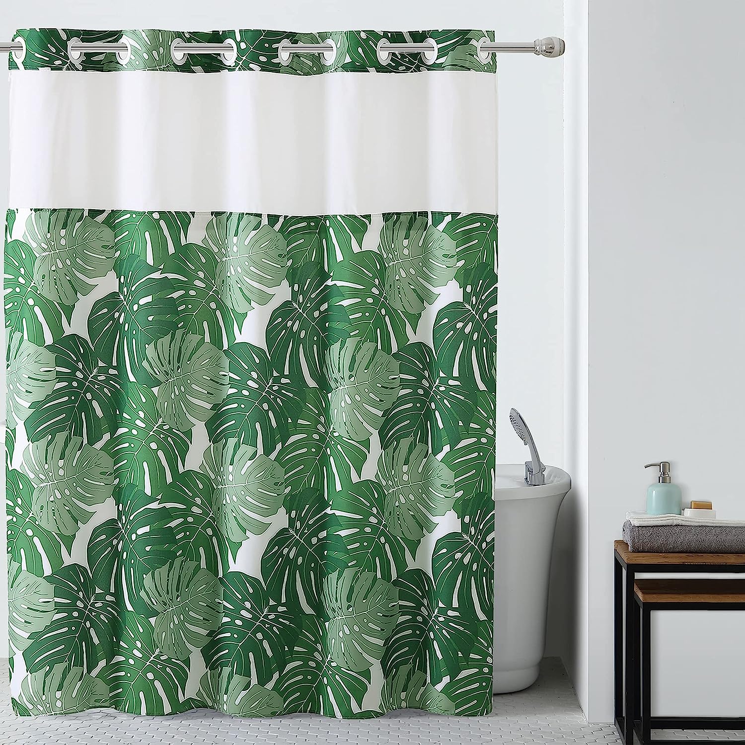 Hookless Palm Leaf Shower Curtain With Peva Liner In Green, Waterproof Fabric For Bathroom Decorr