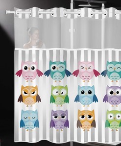 Hookless Shower Curtain With Cartoon Owl Print, Snap-In And See Through Top Window, Family-Friendly