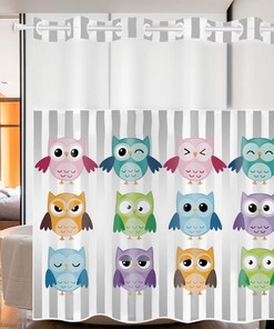 Hookless Shower Curtain With Cartoon Owl Print, Snap-In And See Through Top Window, Family-Friendly