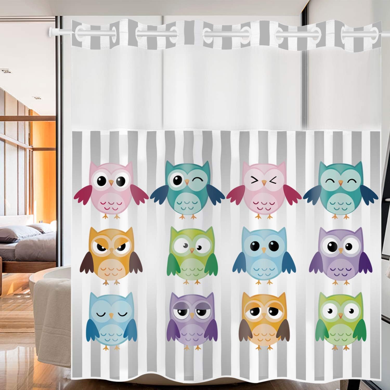 Hookless Shower Curtain With Cartoon Owl Print, Snap-In And See Through Top Window, Family-Friendly