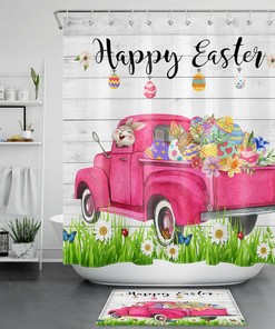 Hop Into Spring Grey Board Pink Truck Rabbit Easter Egg Shower Curtain