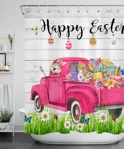 Hop Into Spring Grey Board Pink Truck Rabbit Easter Egg Shower Curtain