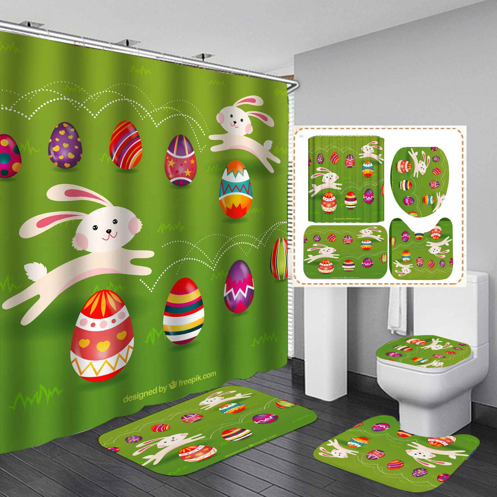 Hopping Rabbit Painted Eggshell Waterproof Shower Curtain For Easter Bathroom Decorr, Fun Fabric Curtain