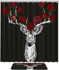 Horned Deer With Peonies Shower Curtain For Bathroom, Fabric And Waterproof