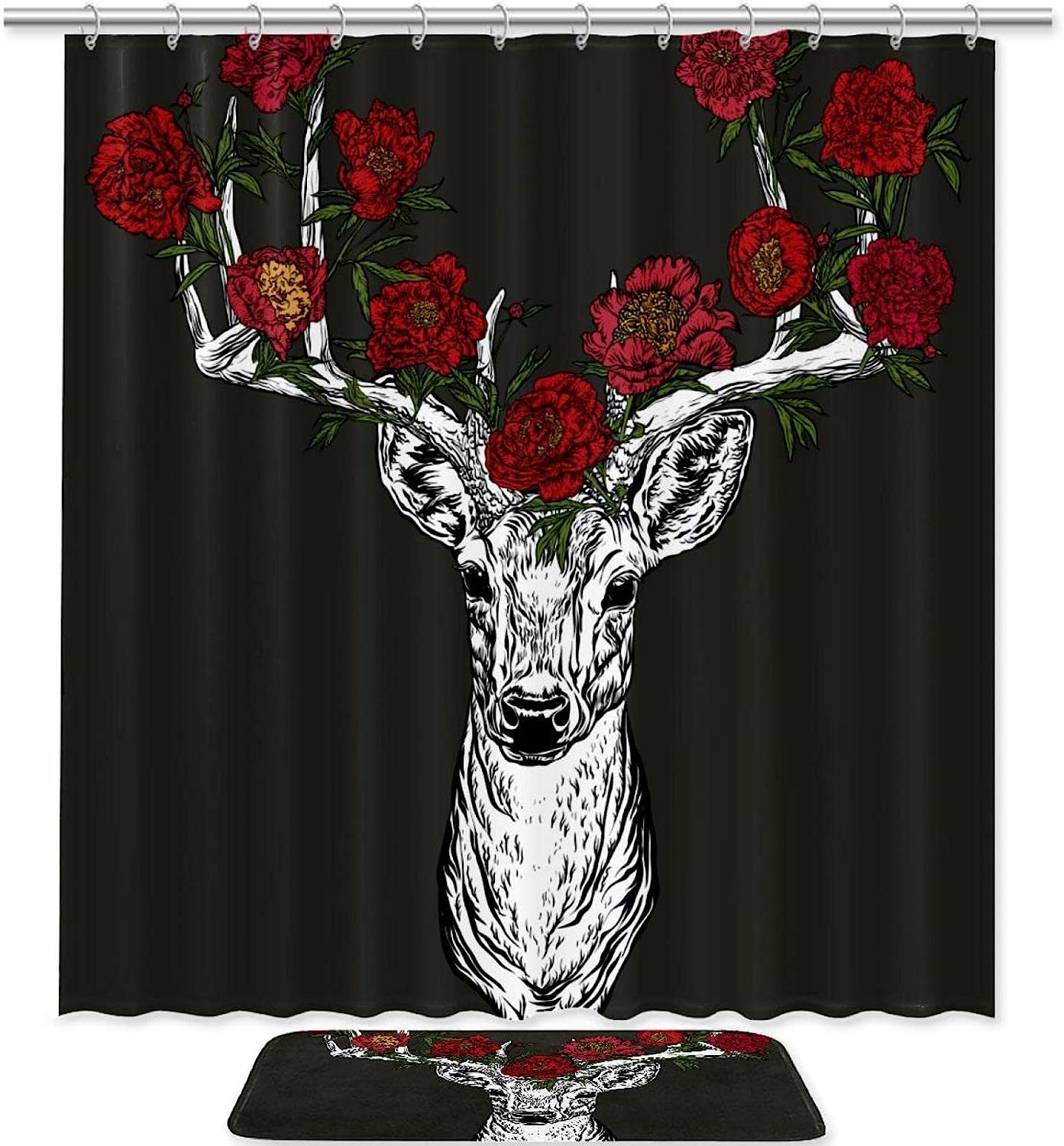 Horned Deer With Peonies Shower Curtain For Bathroom, Fabric And Waterproof