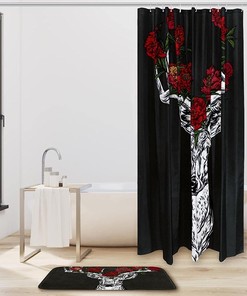 Horned Deer With Peonies Shower Curtain For Bathroom, Fabric And Waterproof