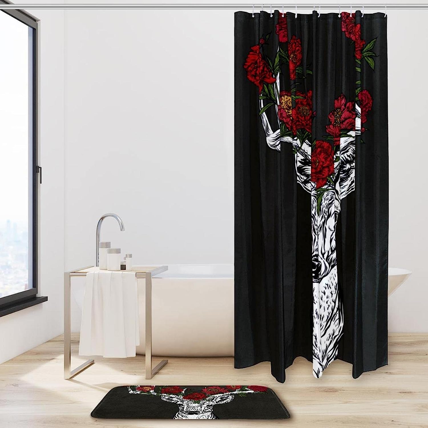 Horned Deer With Peonies Shower Curtain For Bathroom, Fabric And Waterproof
