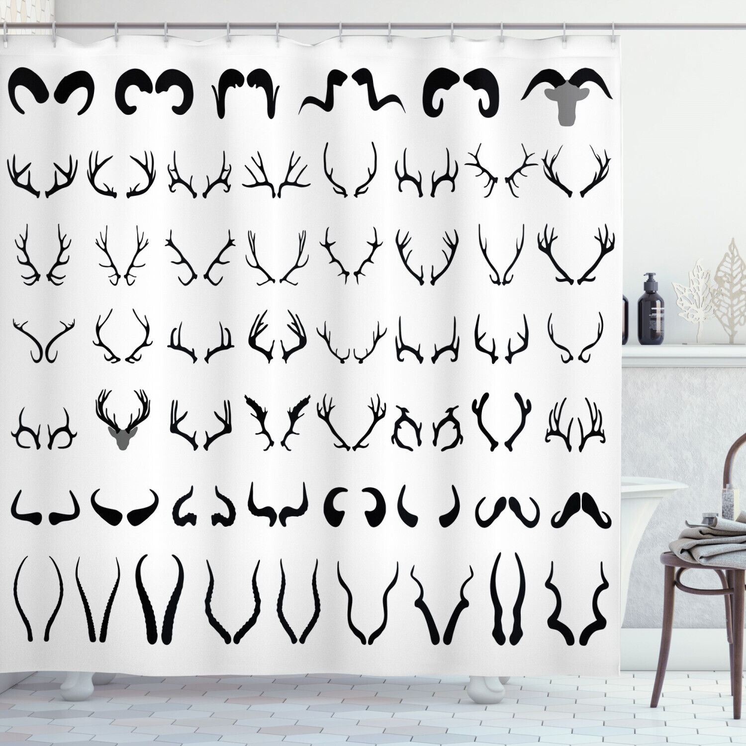Horns Of Antelope Buffalo Shower Curtain With Vintage Print