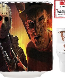 Horror Movie Themed Halloween Shower Curtain - Scary Freddy And Jason With Toilet Sticker And Gift