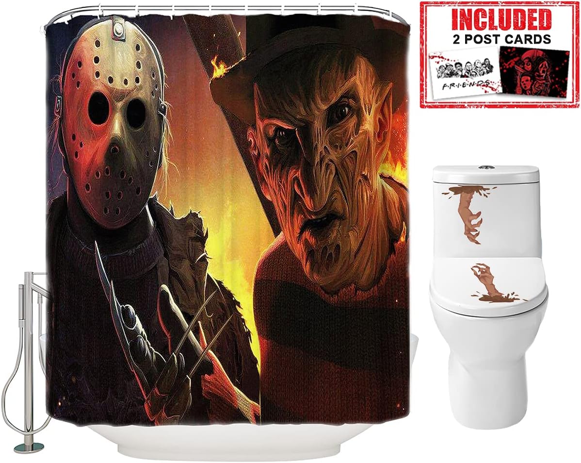 Horror Movie Themed Halloween Shower Curtain - Scary Freddy And Jason With Toilet Sticker And Gift