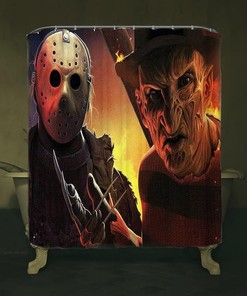 Horror Movie Themed Halloween Shower Curtain - Scary Freddy And Jason With Toilet Sticker And Gift