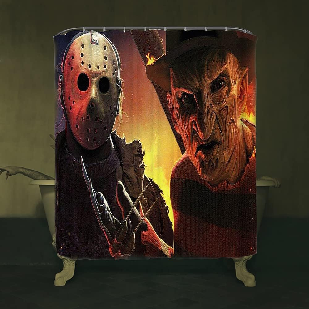 Horror Movie Themed Halloween Shower Curtain - Scary Freddy And Jason With Toilet Sticker And Gift