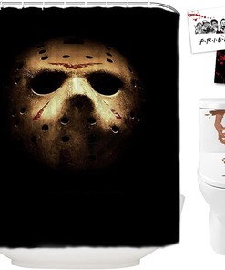 Horror Movie Themed Halloween Shower Curtain - Scary Jason Voorhees Friday 13Th With Toilet Stickers
