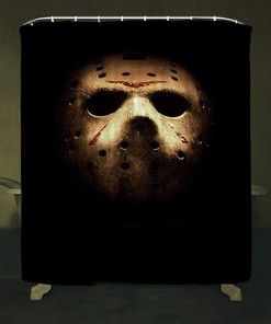 Horror Movie Themed Halloween Shower Curtain - Scary Jason Voorhees Friday 13Th With Toilet Stickers