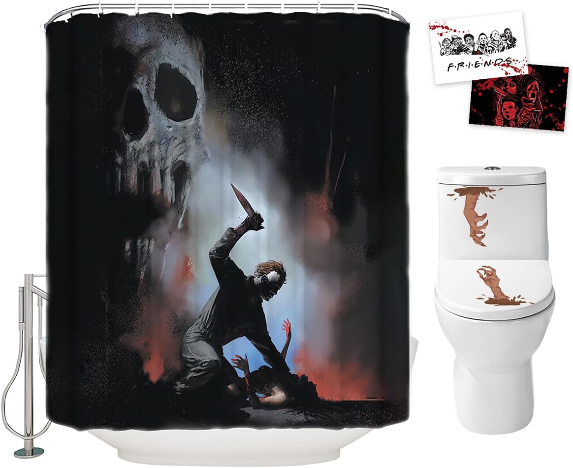 Horror Movie Themed Halloween Shower Curtain - Scary Michael Myers With 2 Postcards And Gift