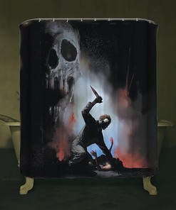 Horror Movie Themed Halloween Shower Curtain - Scary Michael Myers With 2 Postcards And Gift